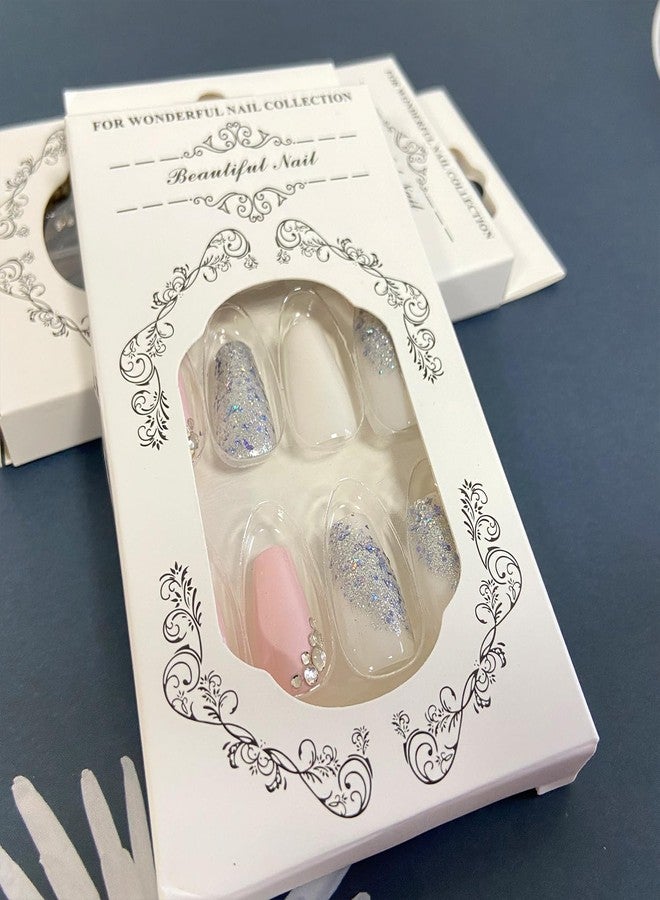 Vopintpy Silver Glitter Press on Nails Medium Square Fake Nails with Rhinestones Design Glossy Pink White Artificial False Nails for Women Girls DIY Manicure Decoration Reusable Stick on Nails Glue on Nails - Image 5